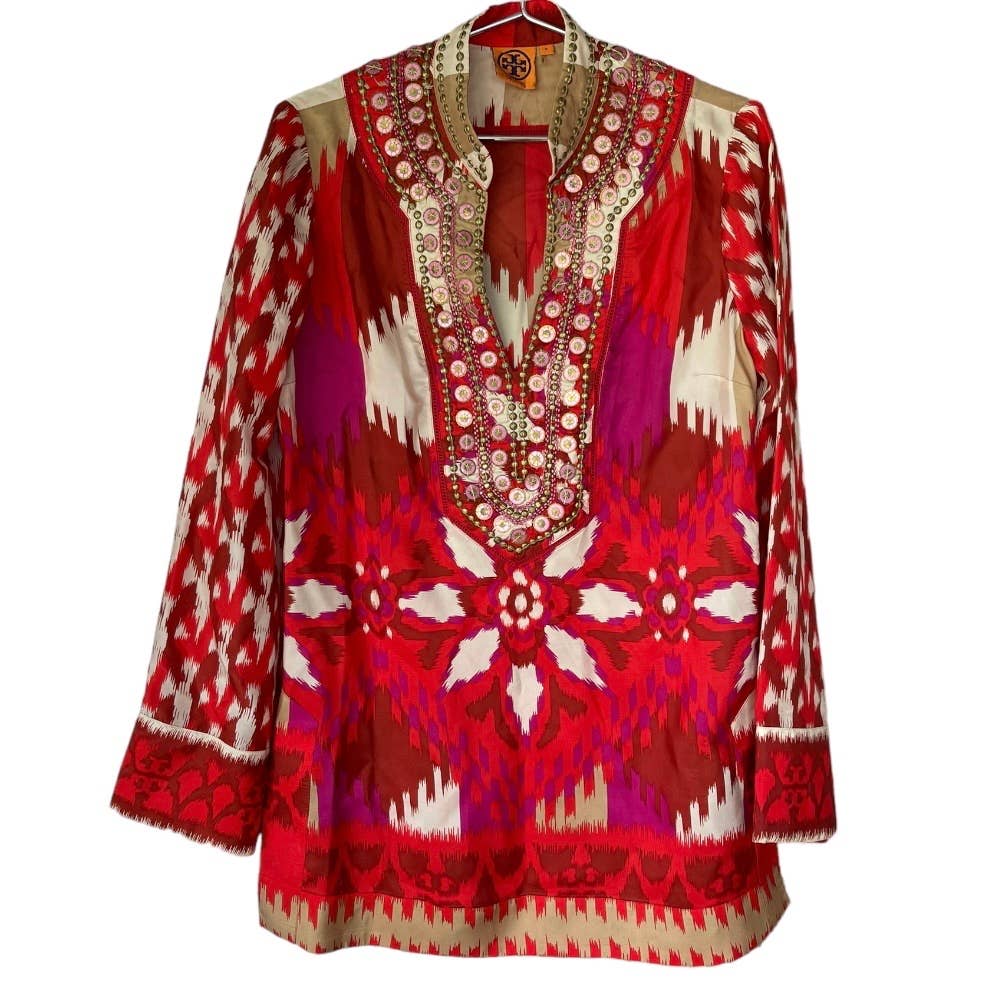 Tory Burch Ikat Iveta Embellished Silk Tunic Top Size 8 Red New - Premium from Tory Burch - Just $129.0! Shop now at Finds For You