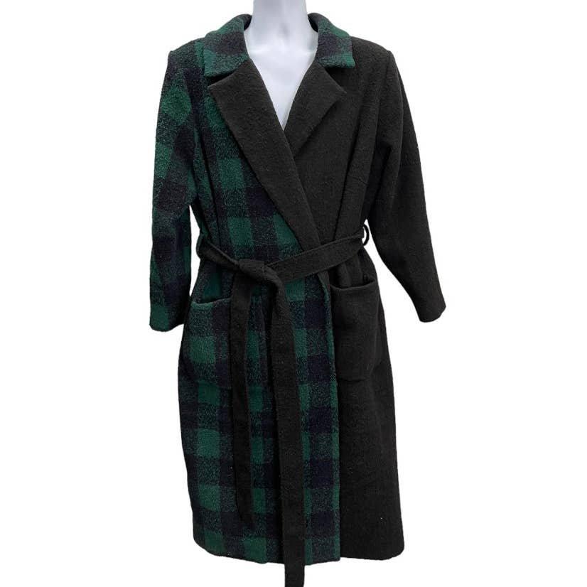 Hutch Half Plaid Overcoat Coat Belted Wrap Wool Blend Plus Size 2X Green Black - Premium from Hutch - Just $249.0! Shop now at Finds For You