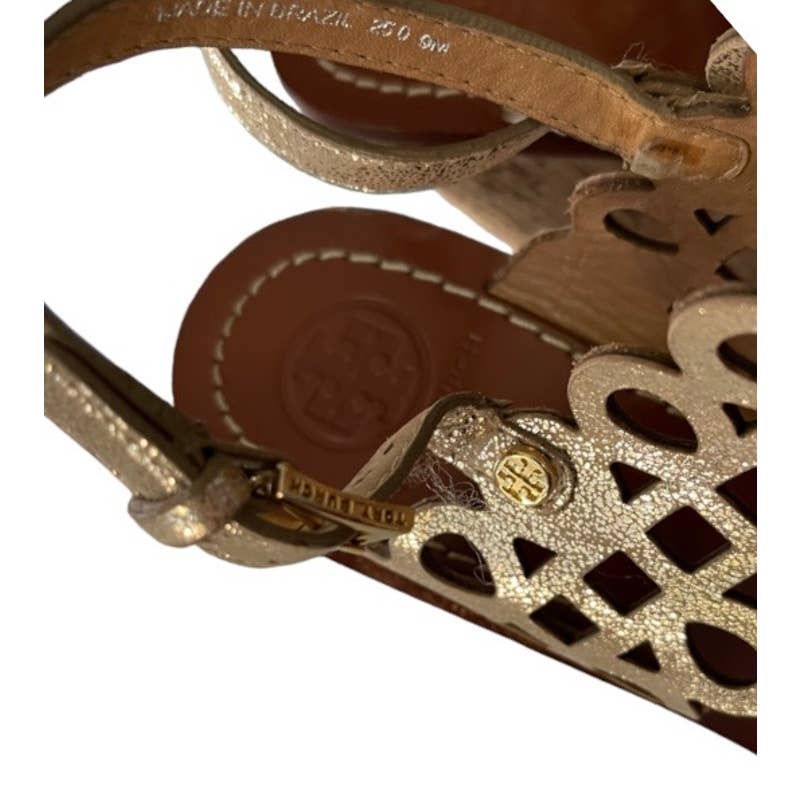Tory Burch Nori Laser Cut Wedge Sandals Size 9 Gold - Premium from Tory Burch - Just $139.0! Shop now at Finds For You