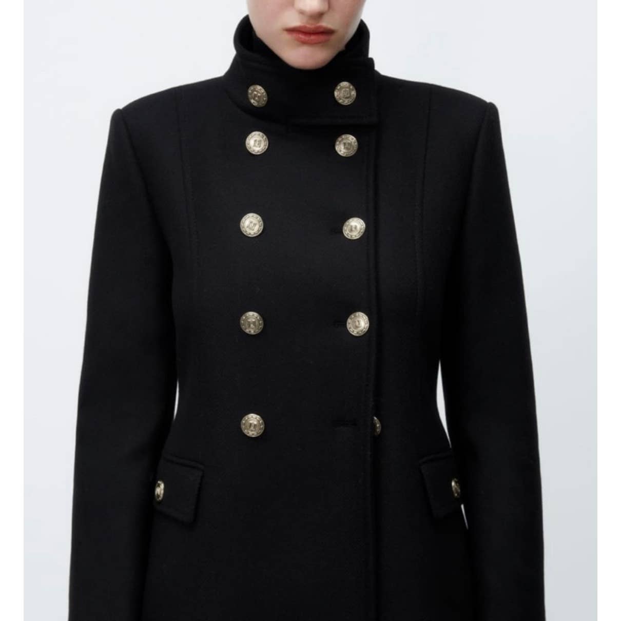 Zara Gold Button Wool Blend Double Breasted Coat Jacket Size Large Black - Premium from ZARA - Just $189.0! Shop now at Finds For You