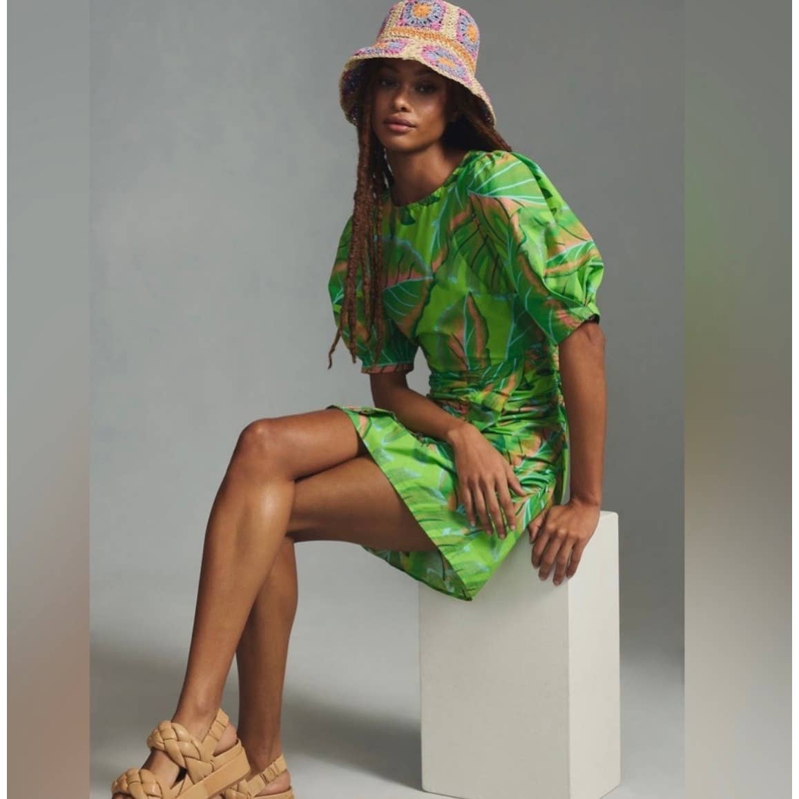 Farm Rio Anthropologie Puff Sleeve Mini Dress Lime Small - Premium from Farm Rio - Just $168.0! Shop now at Finds For You