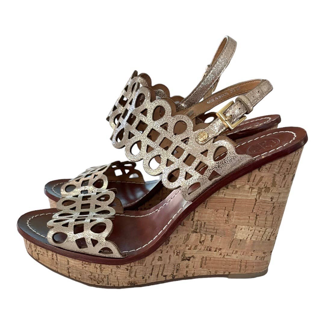 Tory Burch Nori Laser Cut Wedge Sandals Size 9 Gold - Premium from Tory Burch - Just $139.0! Shop now at Finds For You