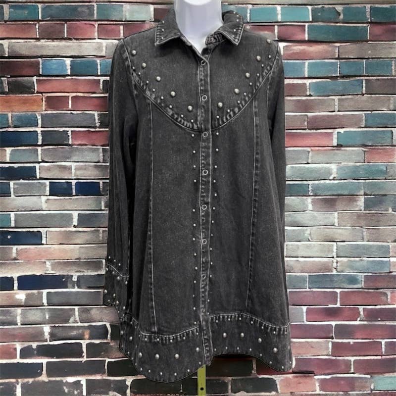 Free People Black Denim Studded Distressed Snap Closure Jacket M - Premium from Free People - Just $145.0! Shop now at Finds For You