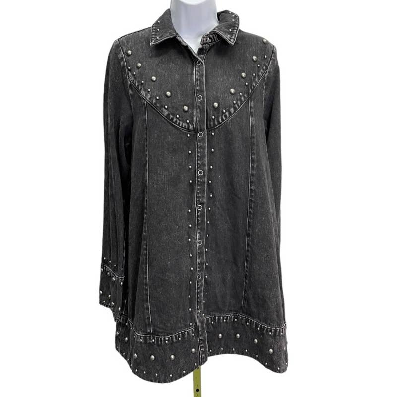 Free People Black Denim Studded Distressed Snap Closure Jacket M - Premium from Free People - Just $145.0! Shop now at Finds For You