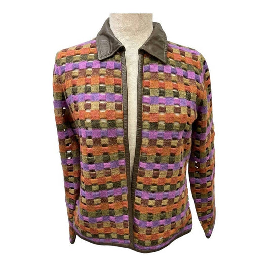 Vintage 90’s Sigrid Olsen Cut Out Woven Leather Trim Cardigan Size M - Premium from Sigrid Olsen - Just $79.0! Shop now at Finds For You