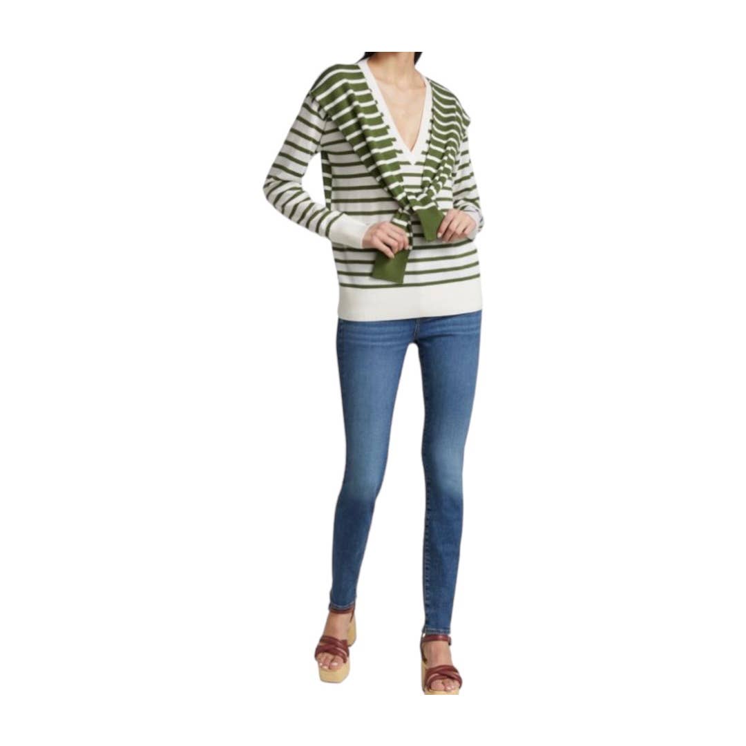 Veronica Beard Leni Tie Stripe Wool Sweater V Neck Size M - Premium from VERONICA BEARD - Just $175.0! Shop now at Finds For You
