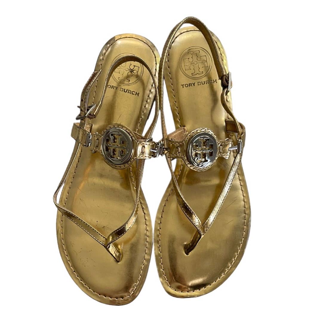 Tory Burch Gold Logo Tong Sandals Flats Size 8.5 Leather - Premium from Tory Burch - Just $119.0! Shop now at Finds For You