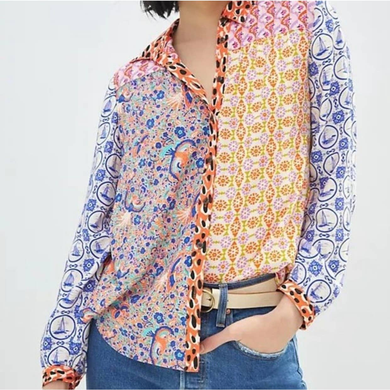 Anthropologie Contrast Button Down Blouse Top Patchwork Size Medium New - Premium from Anthropologie - Just $99.0! Shop now at Finds For You