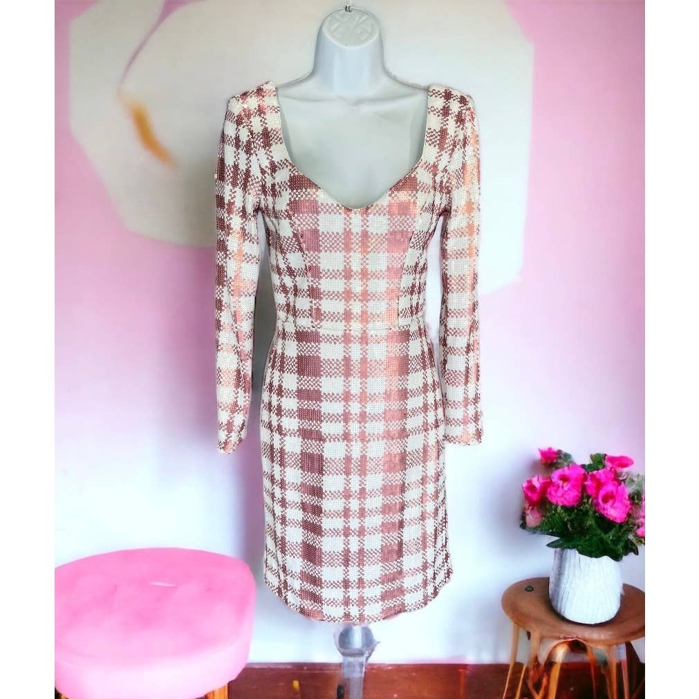 Dress The Population Barbiecore Pink White Plaid Sequin Mini Dress Size S New - Premium from Dress The Population - Just $239.0! Shop now at Finds For You