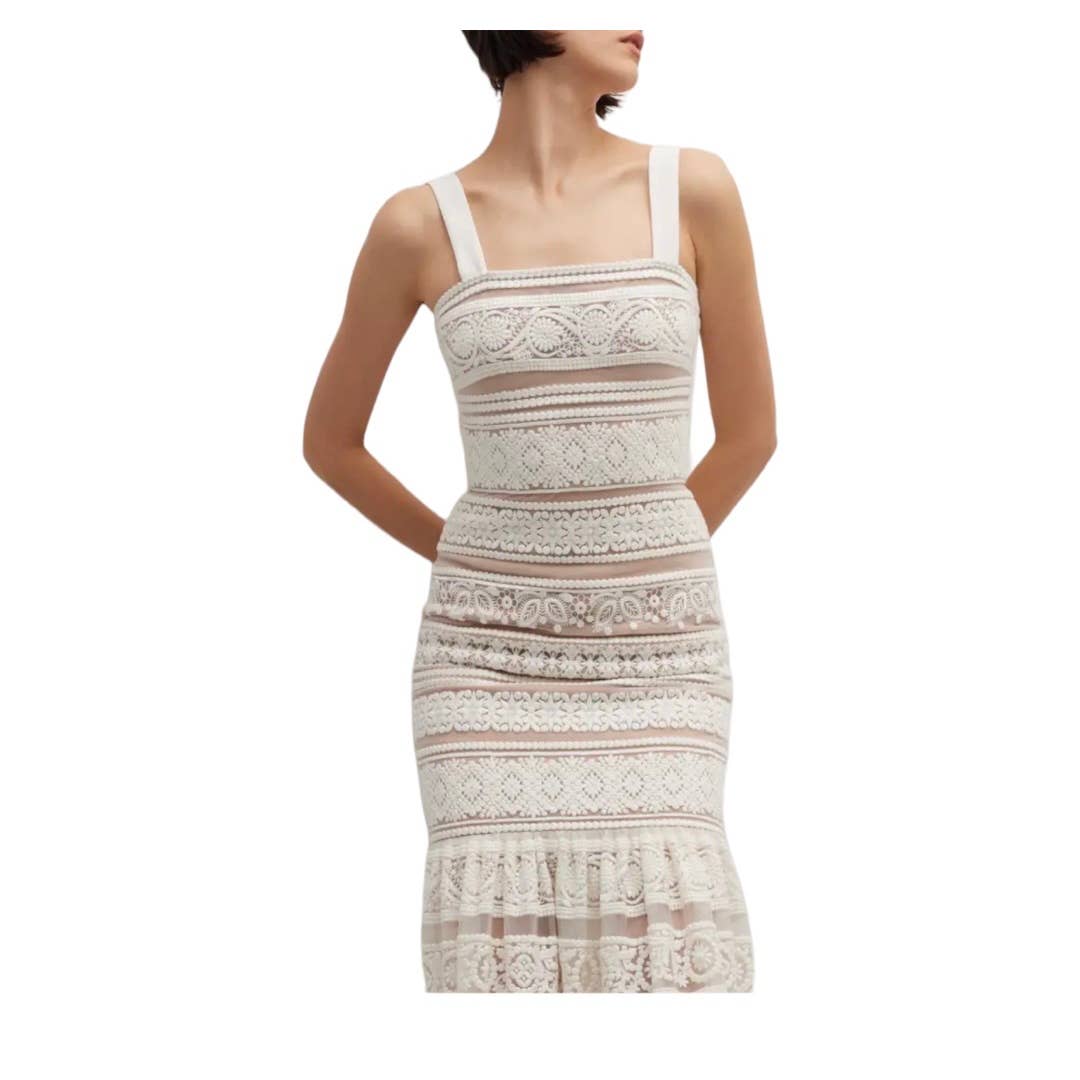 Dress The Population Desiree Square Neck Lace Flounce Midi Dress S - Premium from Dress The Population - Just $79! Shop now at Finds For You