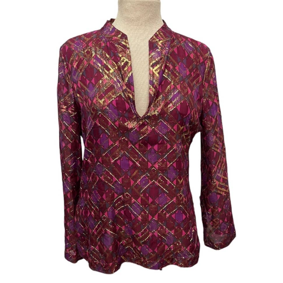 Tory Burch Gold Lame Plaid Tunic Top Blouse Size 8 - Premium from Tory Burch - Just $89.0! Shop now at Finds For You