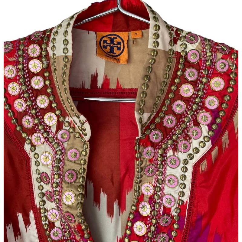 Tory Burch Ikat Iveta Embellished Silk Tunic Top Size 8 Red New - Premium from Tory Burch - Just $129.0! Shop now at Finds For You