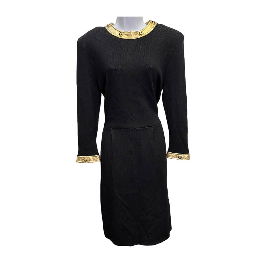 Vintage 90’s St. John Marie Gray Santana Knit Leather Trim Dress Size 12 - Premium from St. John - Just $199.00! Shop now at Finds For You