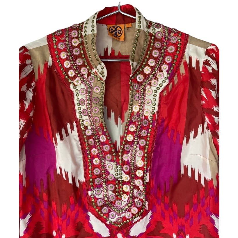 Tory Burch Ikat Iveta Embellished Silk Tunic Top Size 8 Red New - Premium from Tory Burch - Just $129.0! Shop now at Finds For You