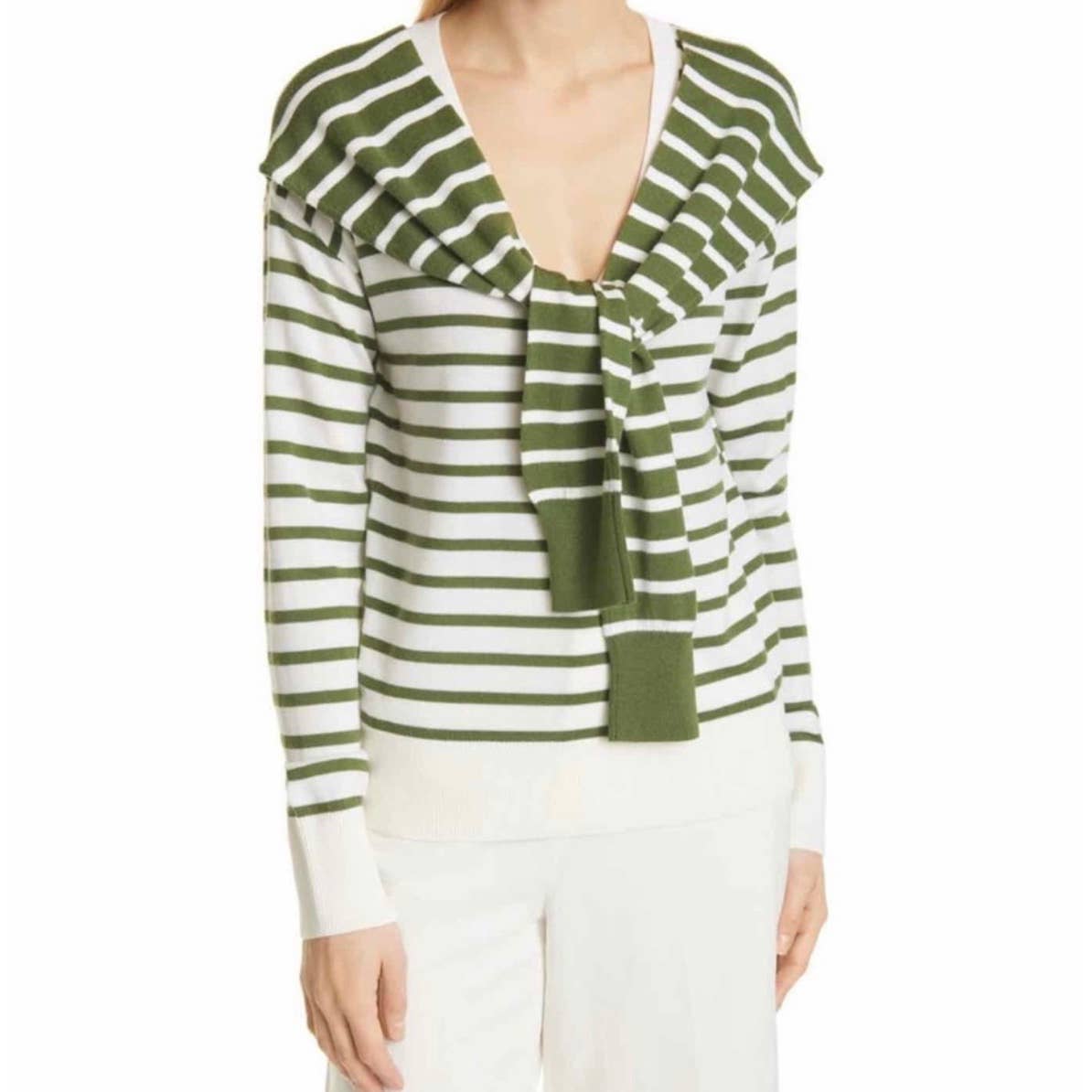 Veronica Beard Leni Tie Stripe Wool Sweater V Neck Size M - Premium from VERONICA BEARD - Just $175.0! Shop now at Finds For You