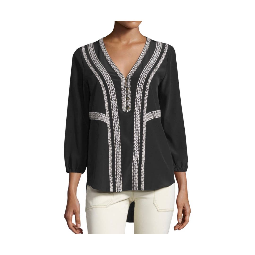 Veronica Beard Loreto Embroidered Silk Blouse Tunic Size 4 Black - Premium from VERONICA BEARD - Just $129.0! Shop now at Finds For You