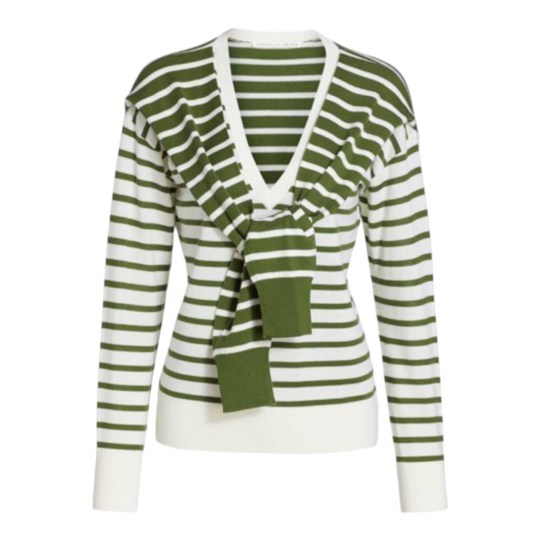 Veronica Beard Leni Tie Stripe Wool Sweater V Neck Size M - Premium from VERONICA BEARD - Just $175.0! Shop now at Finds For You