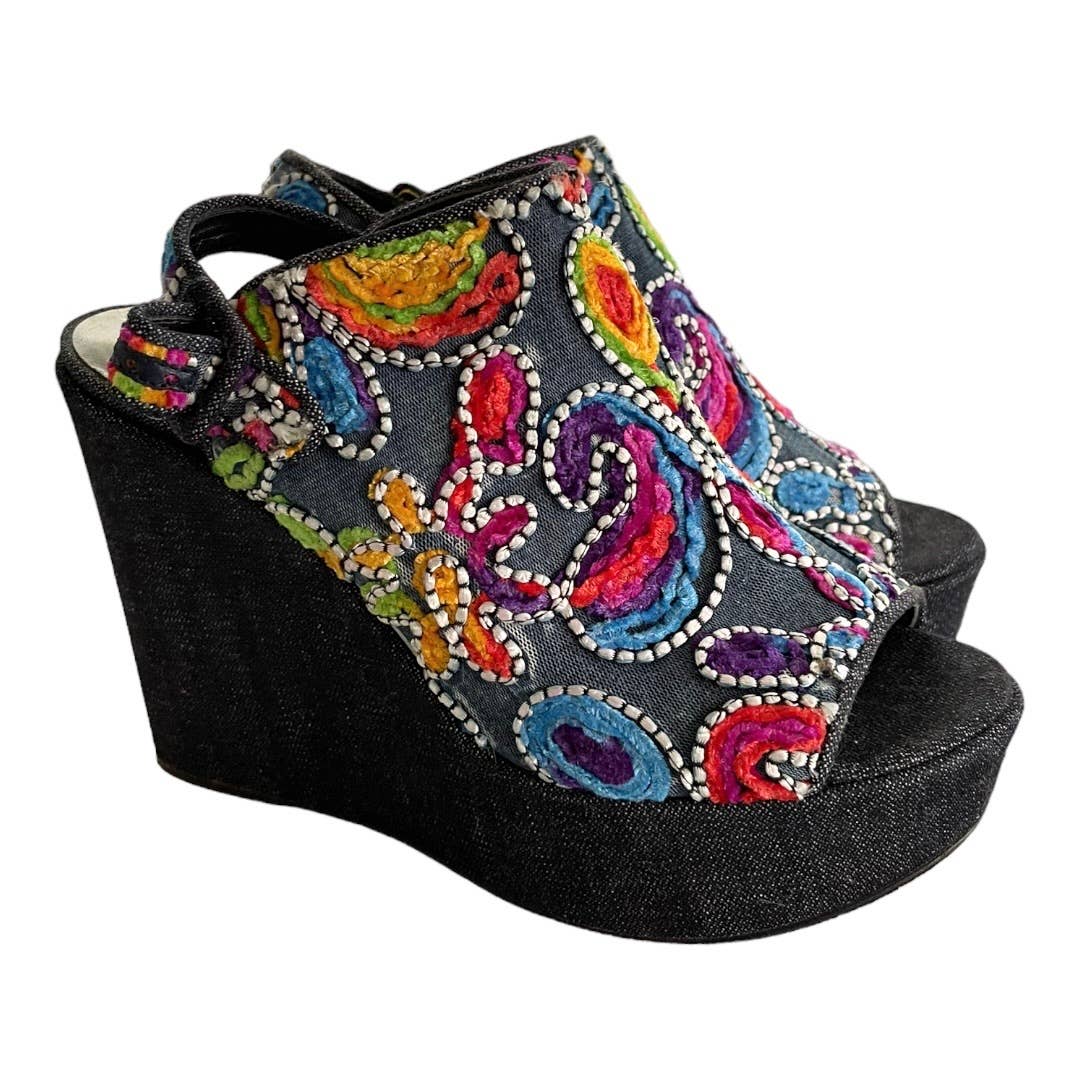 Stuart Weitzman Hand Embroidered Denim Wedge Sandals Shoes Size 9 - Premium from Stuart Weitzman - Just $99.00! Shop now at Finds For You