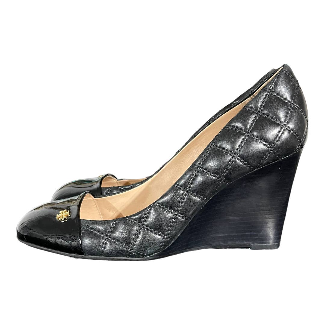Tory Burch Claremont Quilted Logo Wedge Heels Size 9.5 Black - Premium from Tory Burch - Just $145.0! Shop now at Finds For You