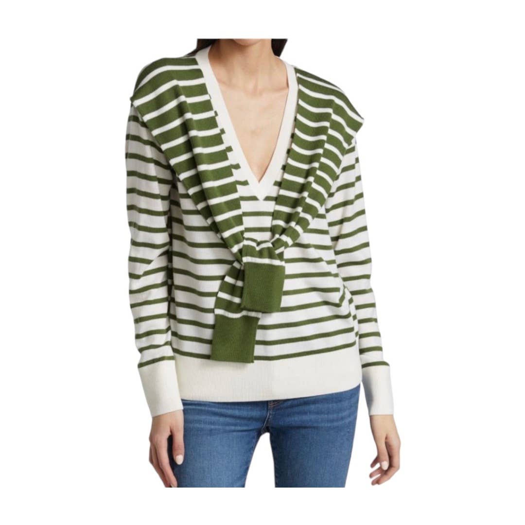 Veronica Beard Leni Tie Stripe Wool Sweater V Neck Size M - Premium from VERONICA BEARD - Just $175.0! Shop now at Finds For You