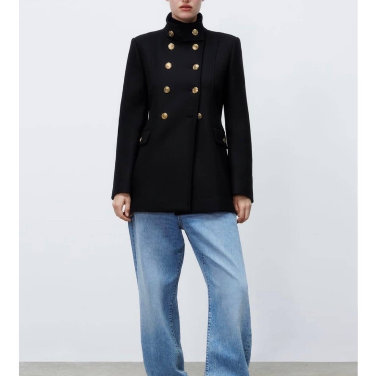 Zara Gold Button Wool Blend Double Breasted Coat Jacket Size Large Black - Premium from ZARA - Just $189.0! Shop now at Finds For You