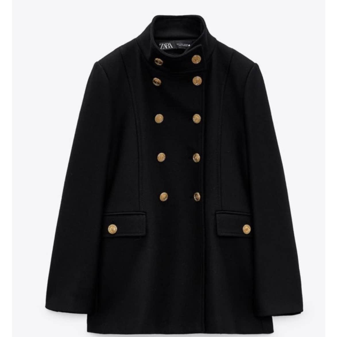 Zara Gold Button Wool Blend Double Breasted Coat Jacket Size Large Black - Premium from ZARA - Just $189.0! Shop now at Finds For You