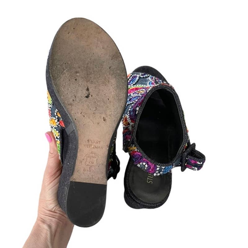 Stuart Weitzman Hand Embroidered Denim Wedge Sandals Shoes Size 9 - Premium from Stuart Weitzman - Just $99.00! Shop now at Finds For You