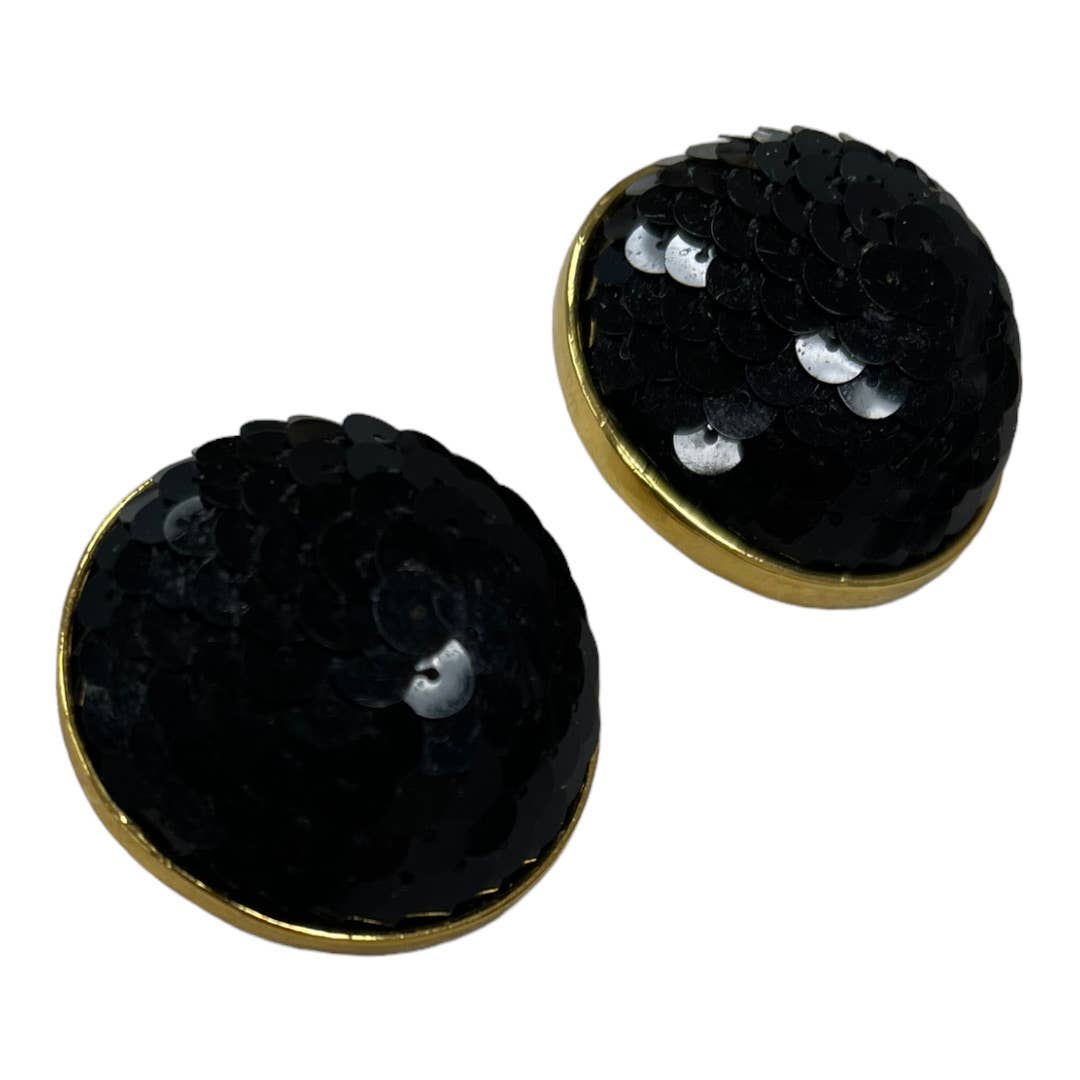 Vintage Poogi Paris Black Sequin Gold Statement Clip Earrings - Premium from Vintage - Just $65.0! Shop now at Finds For You