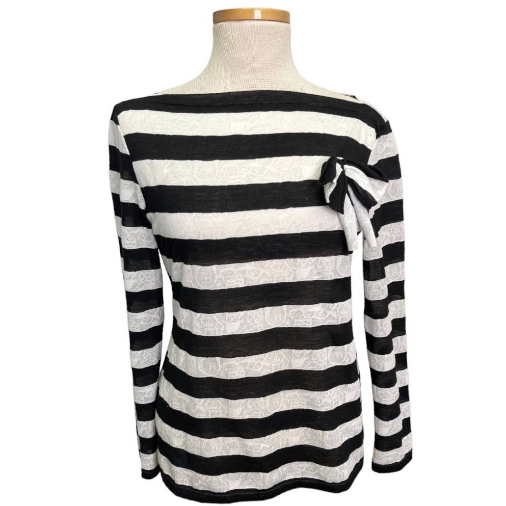 Anne Fontaine France Naura Striped Lace Embellished Top Shirt Size L Black White - Premium from Anne Fontaine - Just $129.0! Shop now at Finds For You