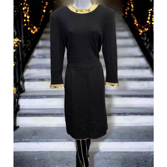 Vintage 90’s St. John Marie Gray Santana Knit Leather Trim Dress Size 12 - Premium from St. John - Just $199.00! Shop now at Finds For You