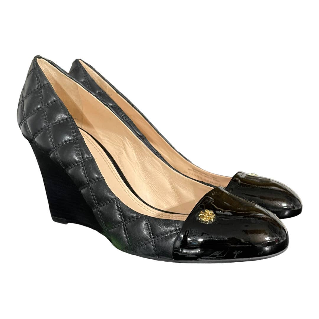 Tory Burch Claremont Quilted Logo Wedge Heels Size 9.5 Black - Premium from Tory Burch - Just $145.0! Shop now at Finds For You