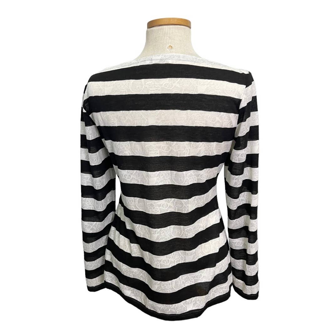 Anne Fontaine France Naura Striped Lace Embellished Top Shirt Size L Black White - Premium from Anne Fontaine - Just $129.0! Shop now at Finds For You