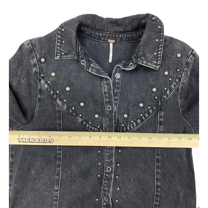 Free People Black Denim Studded Distressed Snap Closure Jacket M - Premium from Free People - Just $145.0! Shop now at Finds For You