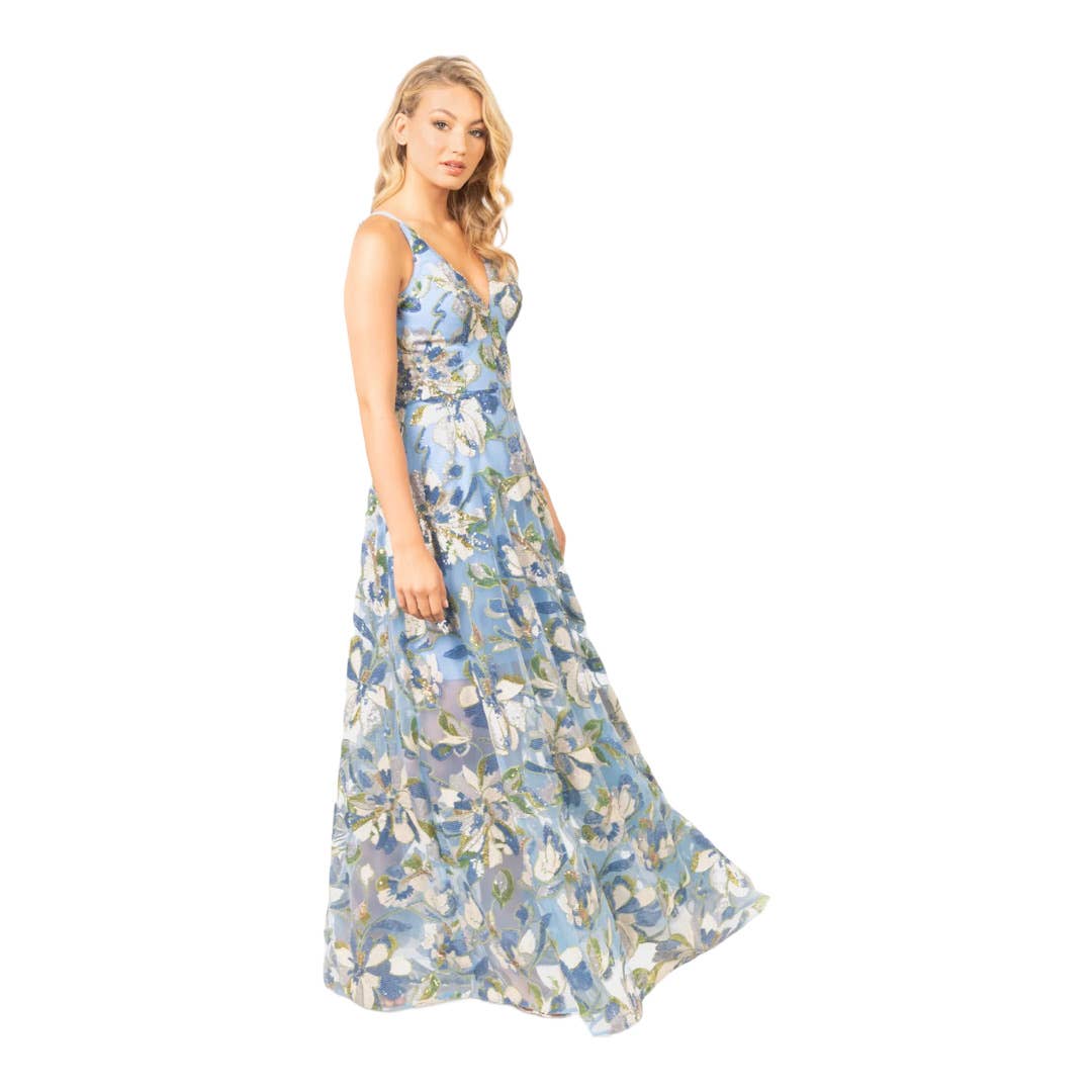 Dress The Population Ariya Floral Sequin Along Gown Dress Size XS Blue New - Premium from Dress The Population - Just $175.0! Shop now at Finds For You