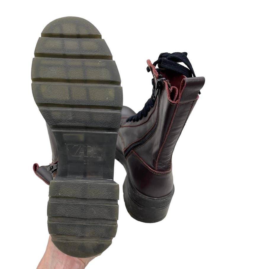Zara Burgundy Leather Lug Sole Combat BootsSize 38 EU New - Premium from ZARA - Just $119.0! Shop now at Finds For You