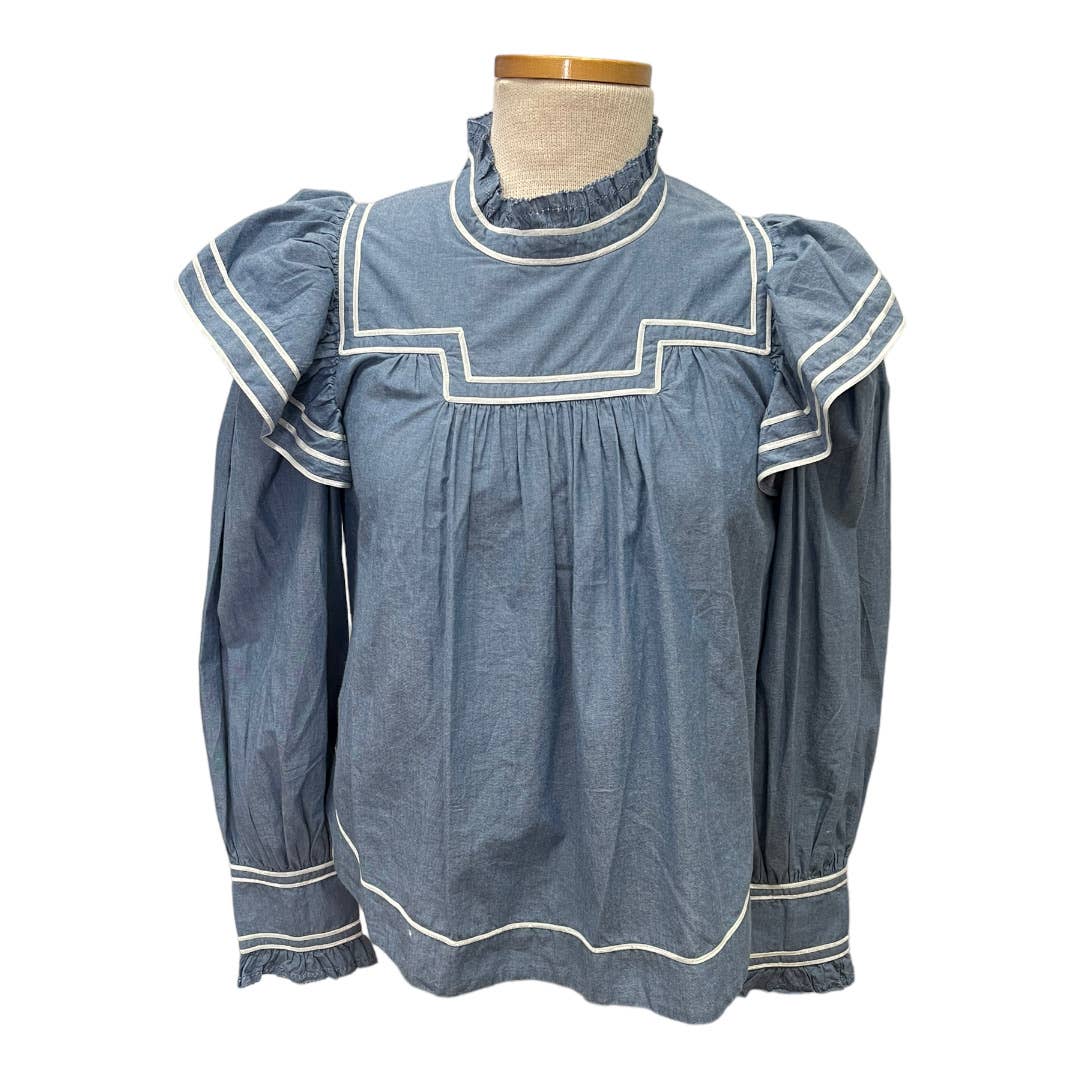Ulla Johnson Ester Chambray Blouse Top Ruffle Denim New Size 10 - Premium from Ulla Johnson - Just $268.0! Shop now at Finds For You