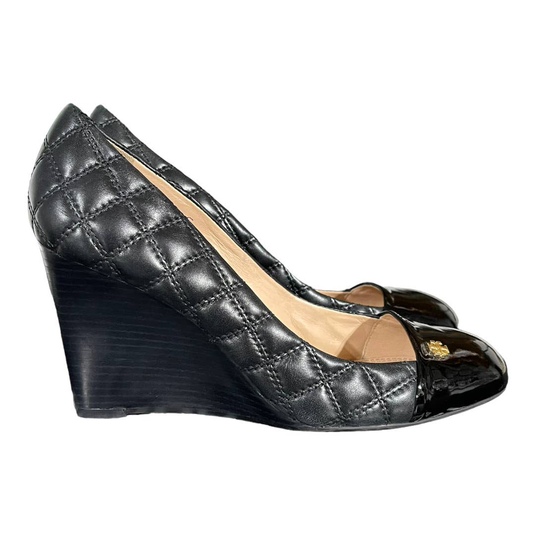 Tory Burch Claremont Quilted Logo Wedge Heels Size 9.5 Black - Premium from Tory Burch - Just $145.0! Shop now at Finds For You