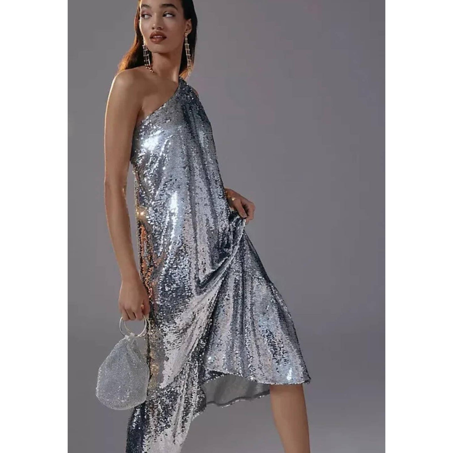 Anthropologie Maeve Sequin One Shoulder Midi Dress Size M New Silver - Premium from Anthropologie - Just $189.00! Shop now at Finds For You