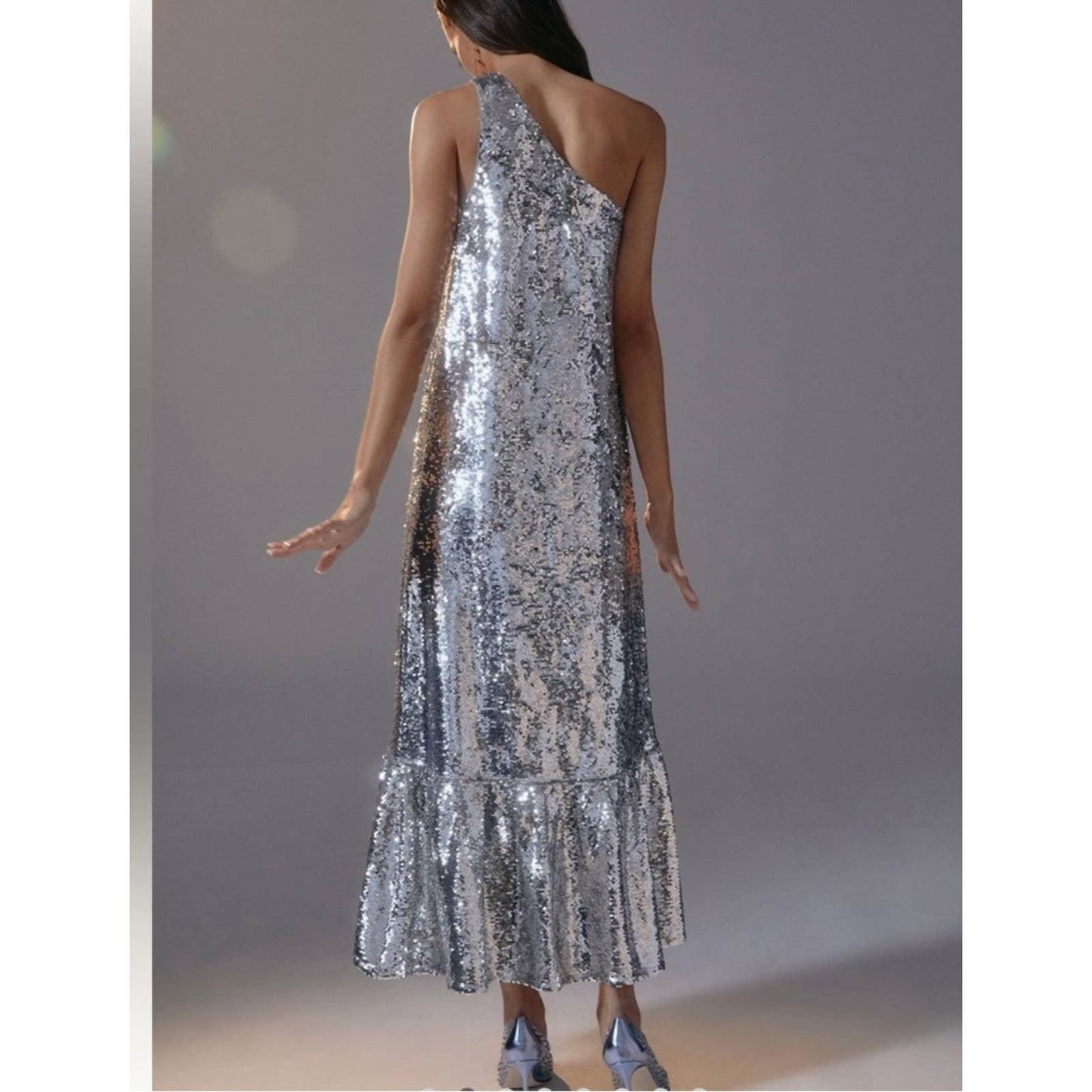 Anthropologie Maeve Sequin One Shoulder Midi Dress Size M New Silver - Premium from Anthropologie - Just $189.00! Shop now at Finds For You