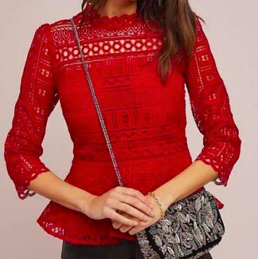 Anthropologie Moulette Soeurs Lace Peplum Top Blouse Size 4 Red - Premium Clothing, Shoes & Accessories:Women:Women's Clothing:Tops from Anthropologie - Just $60.59! Shop now at Finds For You