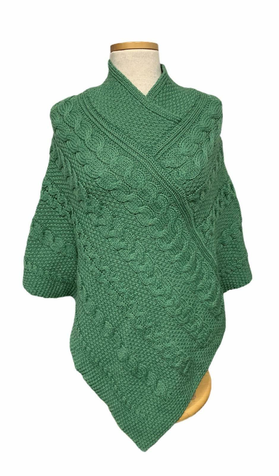 Aran Crafts 100% Merino Wool Cable Knit Poncho Sweater Made in Ireland S M Green - Premium Clothing, Shoes & Accessories:Women:Women's Accessories:Scarves & Wraps from Aran Crafts - Just $57.56! Shop now at Finds For You