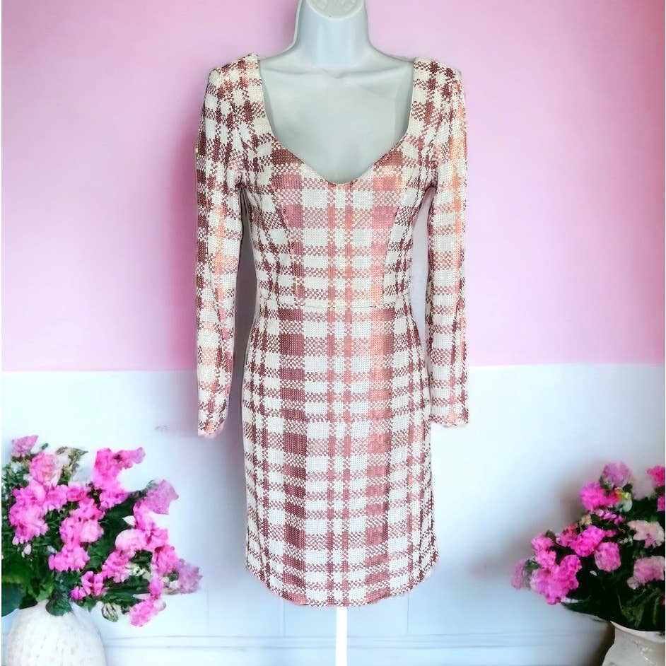 Dress The Population Barbiecore Pink White Plaid Sequin Mini Dress Size S New - Premium from Dress The Population - Just $239.0! Shop now at Finds For You