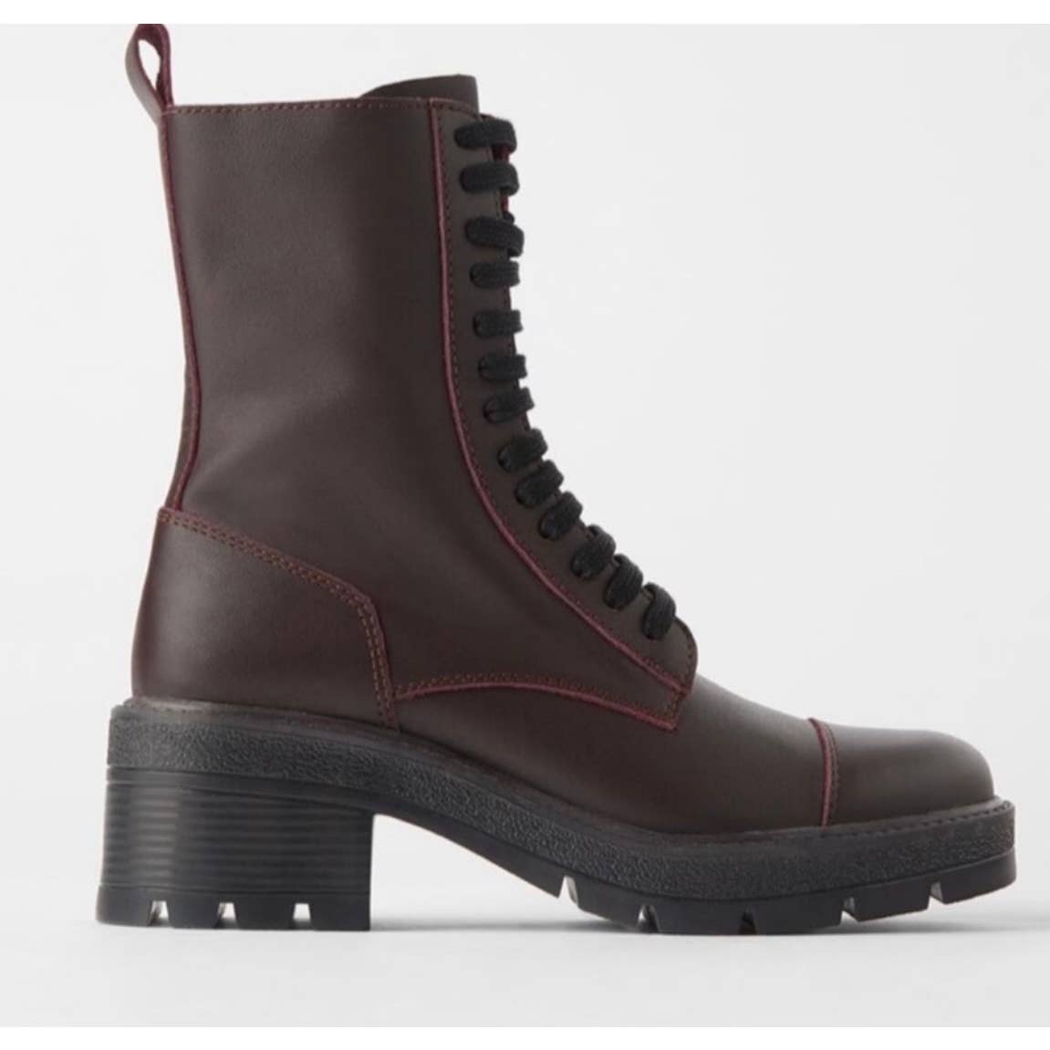 Zara Burgundy Leather Lug Sole Combat BootsSize 38 EU New - Premium from ZARA - Just $119.0! Shop now at Finds For You