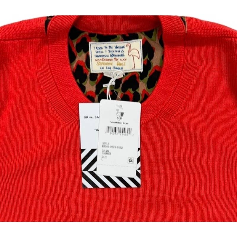 Sandrine Rose Mixed Media Animal Print Wool Sweater Size Large Red New - Premium from Sandrine Rose - Just $89.0! Shop now at Finds For You