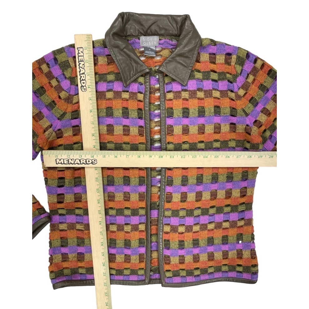 Vintage 90’s Sigrid Olsen Cut Out Woven Leather Trim Cardigan Size M - Premium from Sigrid Olsen - Just $79.0! Shop now at Finds For You