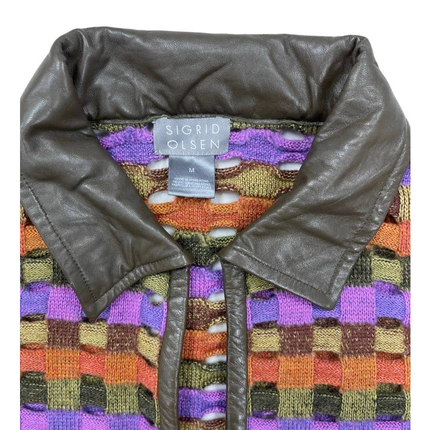 Vintage 90’s Sigrid Olsen Cut Out Woven Leather Trim Cardigan Size M - Premium from Sigrid Olsen - Just $79.0! Shop now at Finds For You