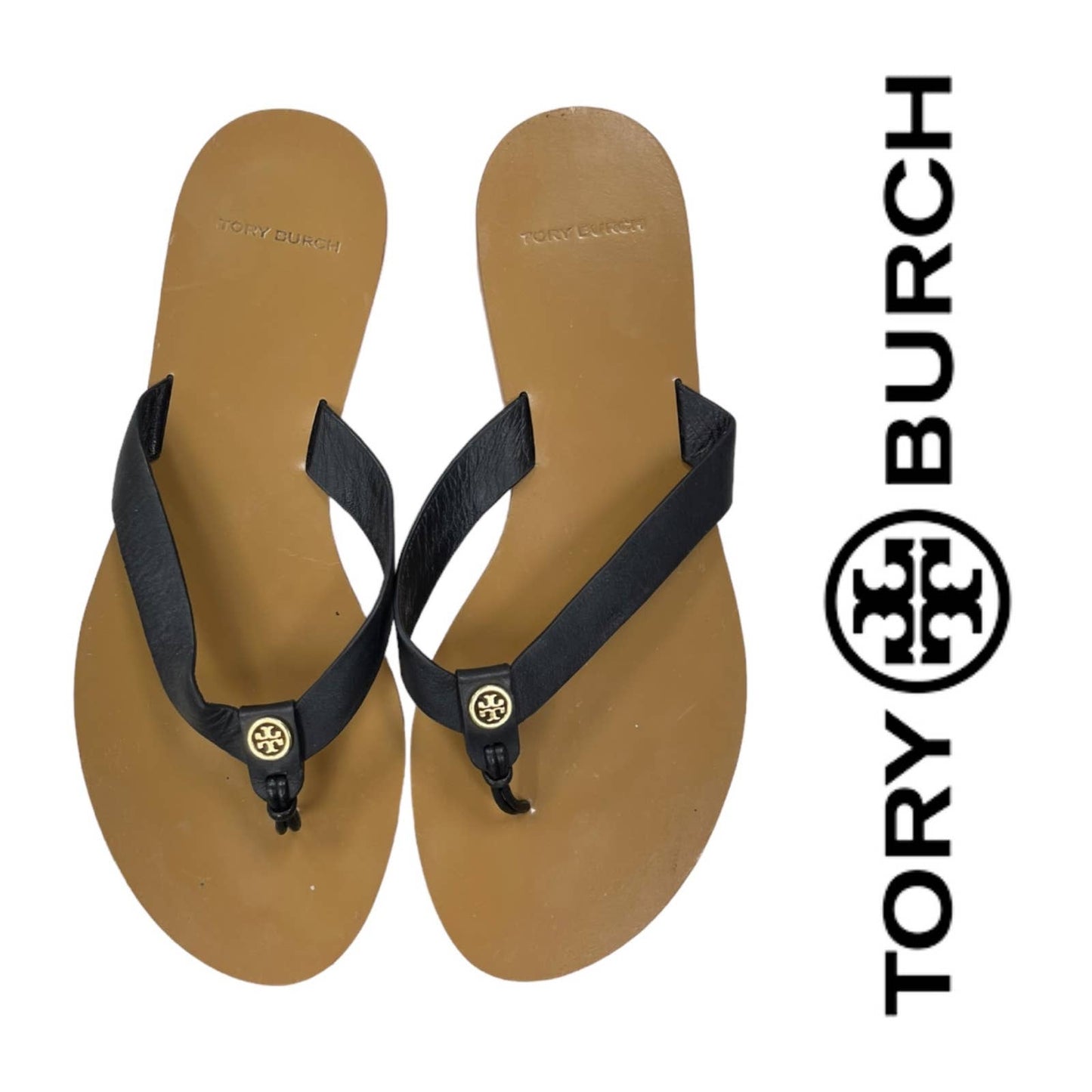 Tory Burch Manon Leather Logo Flip Flop Sandals Size 8 Black - Premium from Tory Burch - Just $129.0! Shop now at Finds For You