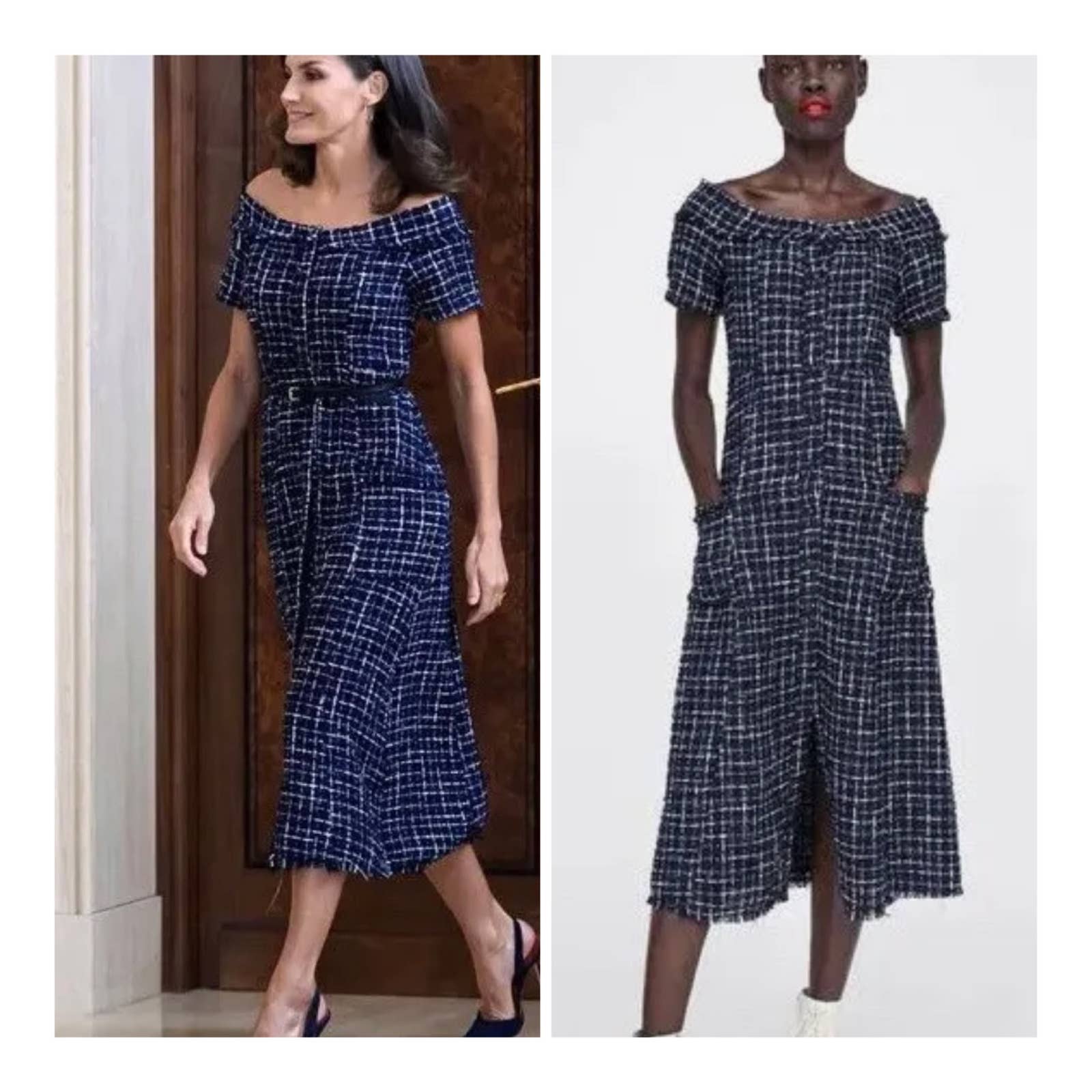 blue tweed dress zara Zara Blue Tweed Pinafore Mini Dress Blogger Favorite Parisian Preppy Chic Small