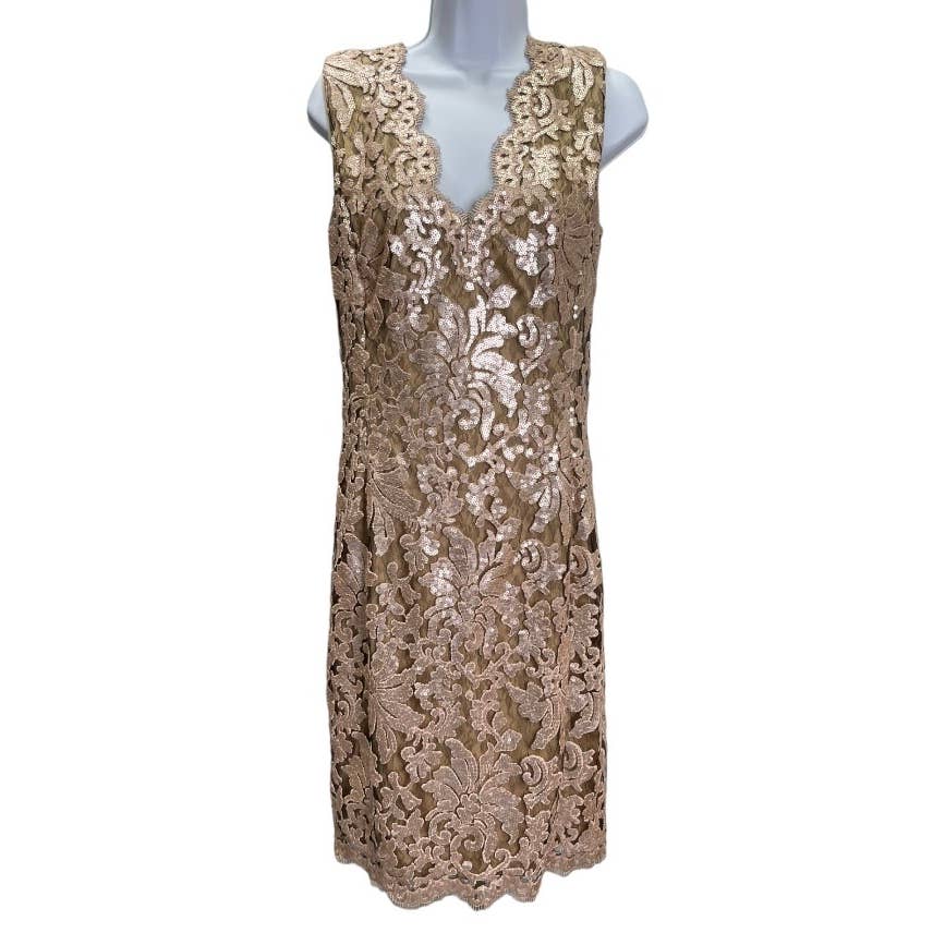 Tadashi Shoji Gold Lace Sequin Sleeveless Gown Dress Size 8 - Premium from Tadashi Shoji - Just $139.0! Shop now at Finds For You