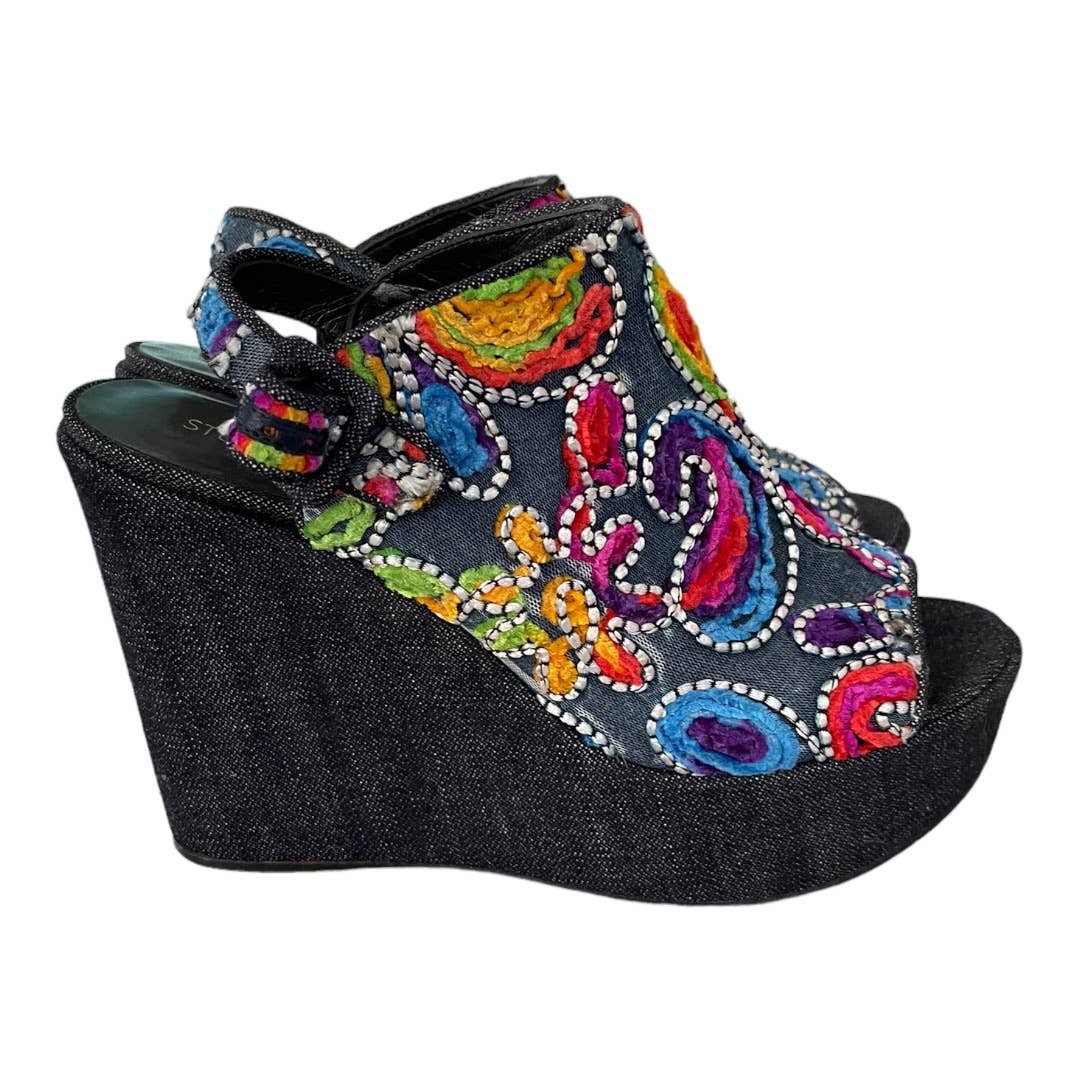 Stuart Weitzman Hand Embroidered Denim Wedge Sandals Shoes Size 9 - Premium from Stuart Weitzman - Just $99.00! Shop now at Finds For You